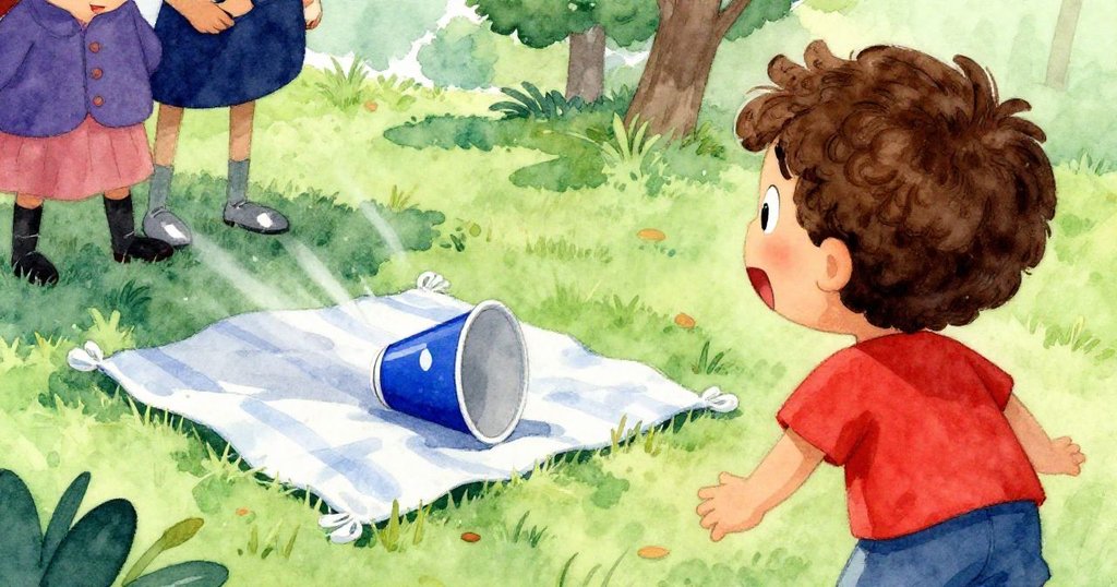 從Luca背後看見他伸手捕捉傾斜飲料杯,毛毯隨風飄,臉上驚訝與堅定,公園中動態場景。