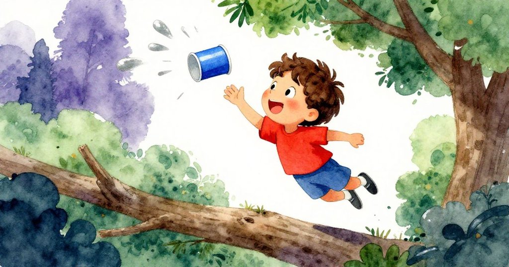 從矮樹高處看見Luca躍空接杯,綠葉斑駁光影下展現生動活力,動作迅速充滿童趣。