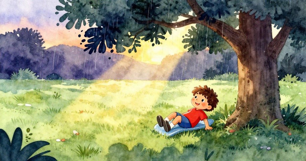 Luca雨後滑入低樹下,草坪上金色陽光灑落,整個公園回復寧靜溫暖,展現結局祥和與自然美景。