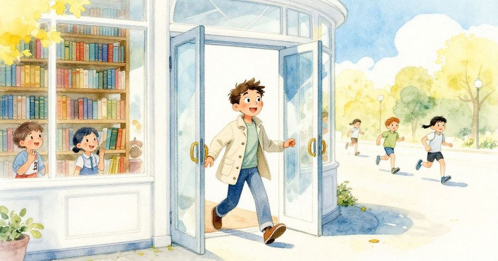 Tom 走向大圖書館入口,手持厚書臉上流露期待與好奇,背景有公眾跑活動和明媚陽光