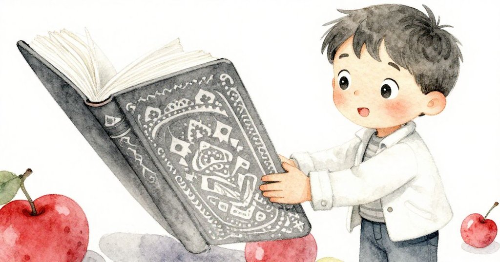 Tom 細看手中厚書,手部溫柔專注,書上獨特紋理清晰展現冒險與知識的象徵