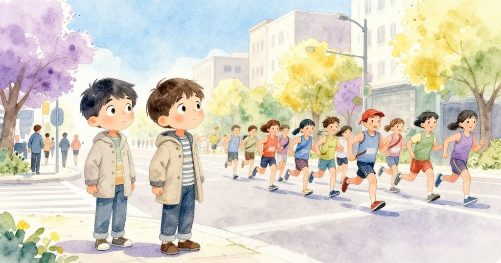 Tom 站在街角迷茫觀望,背景一側跑者在街上奔跑,日光明媚背景展現尋找出口的情景