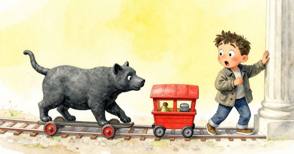 Tom在博物館內驚訝後退,彩繪動物雕像與小車沿軌道滾動動態十足,燈光強調運動與驚奇