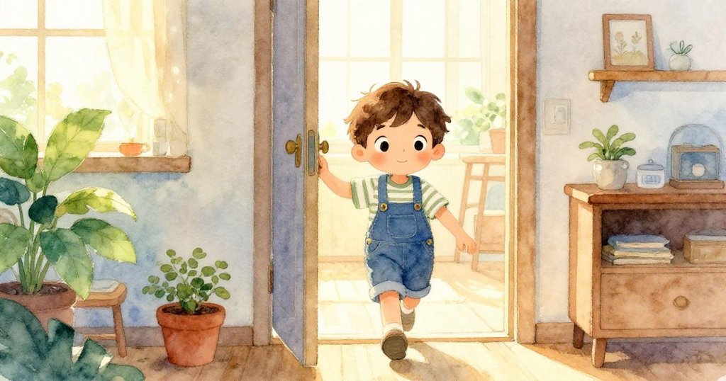 Max穿著條紋T恤與牛仔背帶褲，從明亮房門走入溫暖室內，臉上滿是期待與好奇，房內充滿晨光。