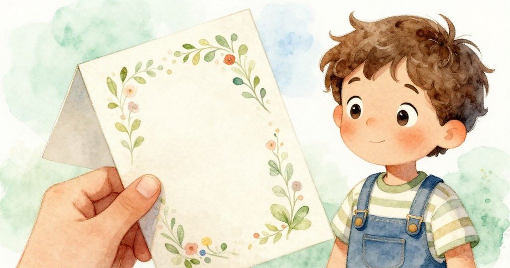 Max在桌邊輕觸一張刻有小花圖案的老賀卡，細看筆記本上的紙張質感，充滿溫柔與回憶。