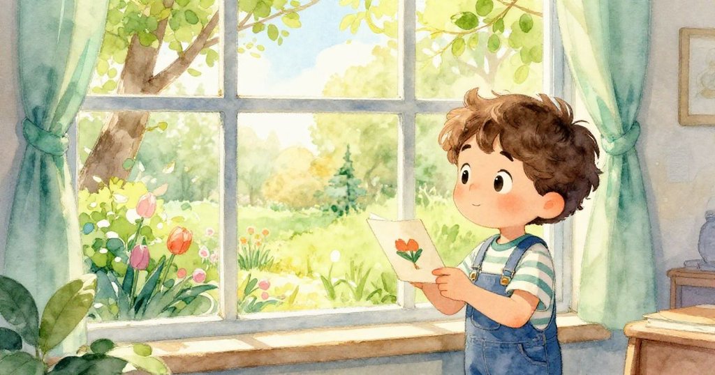 Max在溫暖房間中轉動賀卡，透過大窗欣賞室外春天花草綠意，滿懷欣喜與寧靜。