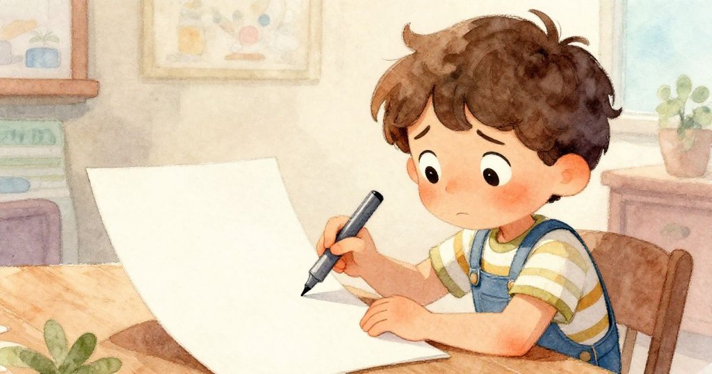 Max凝神看著筆記本上淡灰線條，神情疑惑中流露一絲期待，室內光影交錯充滿靜謐懸念。