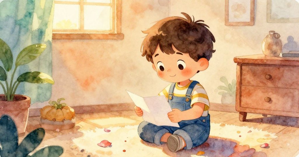 Max滿懷喜悅合上筆記本，桌上花瓣依舊繽紛，面帶溫柔微笑向美好時光道別，場景溫暖感人。