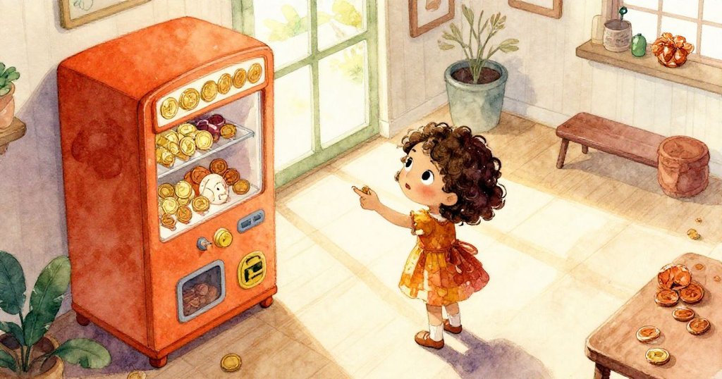 Mia在溫暖明亮的房間中,從鳥瞰角度展示她拿著閃亮硬幣並指向高大的自動販賣機,房間內充滿歡樂裝飾。