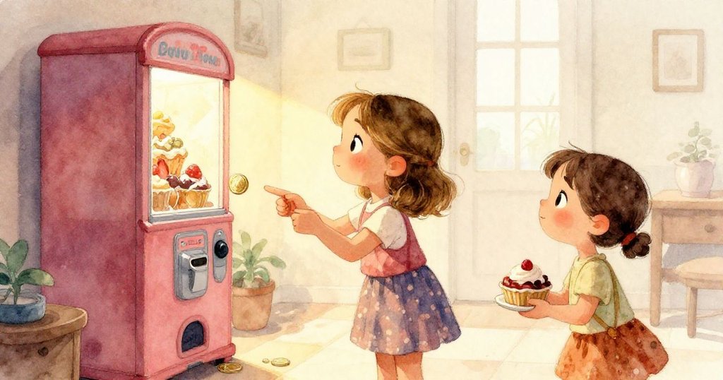 Mia的手近距離展示著閃亮硬幣,動作充滿期待,她興奮地指向自動販賣機上展示的甜品,細節豐富。