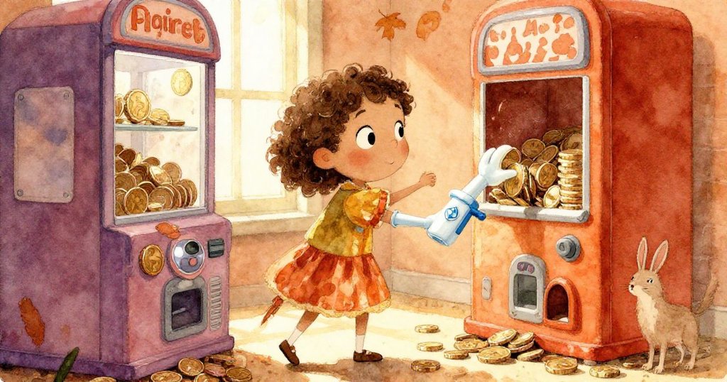 Mia使用小玩具醫生推移卡住的硬幣,窗外秋天落葉飄散,展現她聰明且專注的舉動,房間充滿溫暖氣息。