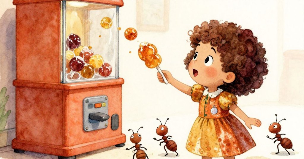 隨著自動販賣機掉下冰涼甜品,Mia和玩具醫生及小螞蟻一同歡慶,場景充滿節慶與喜悅氛圍。