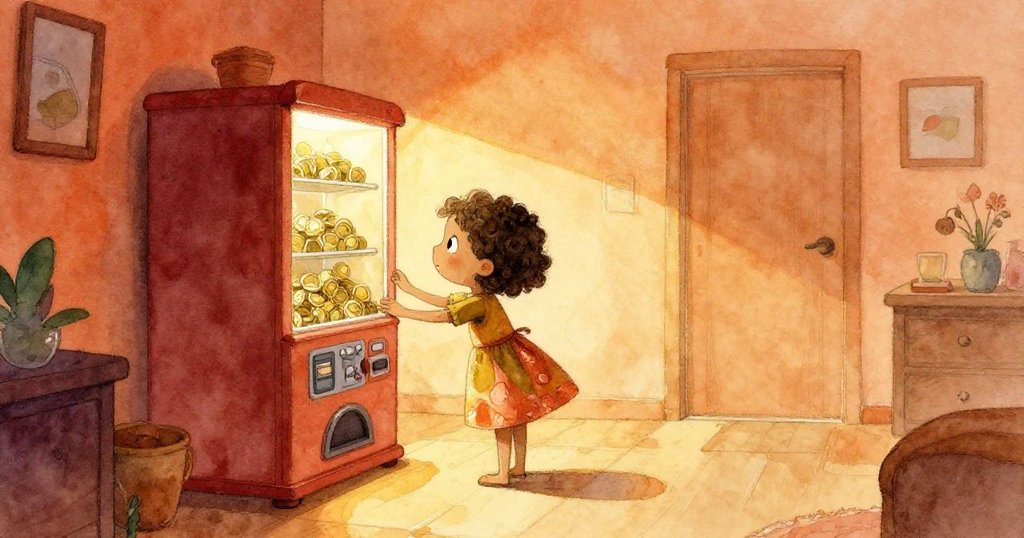 在寧靜全景中,Mia滿懷安詳地從自動販賣機取回硬幣,房間溫馨而平靜,讓人感受滿足與和平。