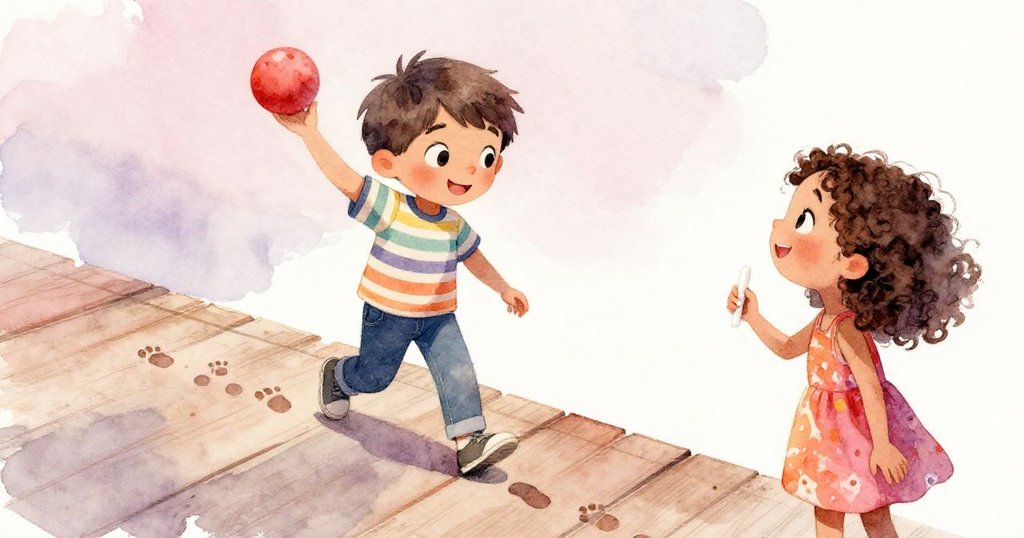 米洛踏著木板上留著腳印向前推著紅球，佐伊手持粉筆熱切注視，展現動感與期待的庭院景象。