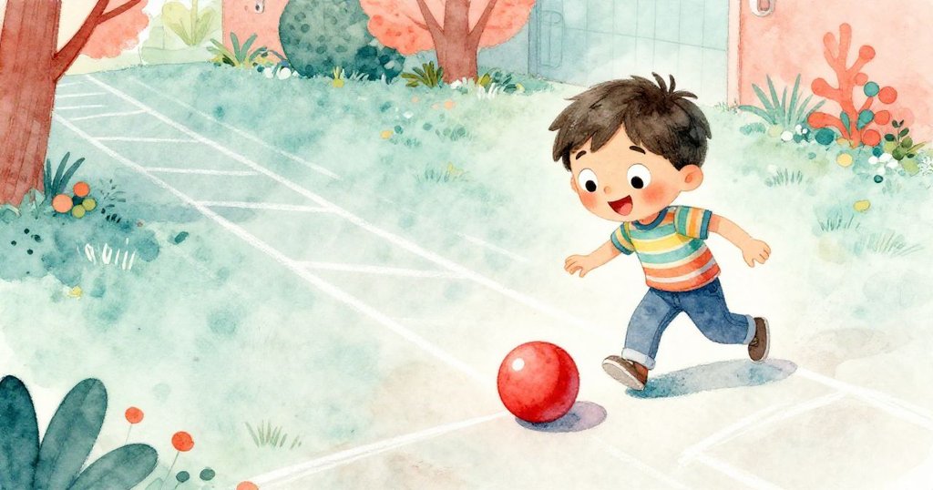 米洛快樂地推著紅球沿著粉筆劃出的賽道奔馳，院子中充滿創意與動感，展現出活力與歡笑。