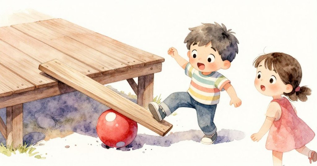 紅球撞擊木板後滑入甲板縫隙，米洛和佐伊驚訝停下觀看，溫暖光影中展現出神秘與期待。