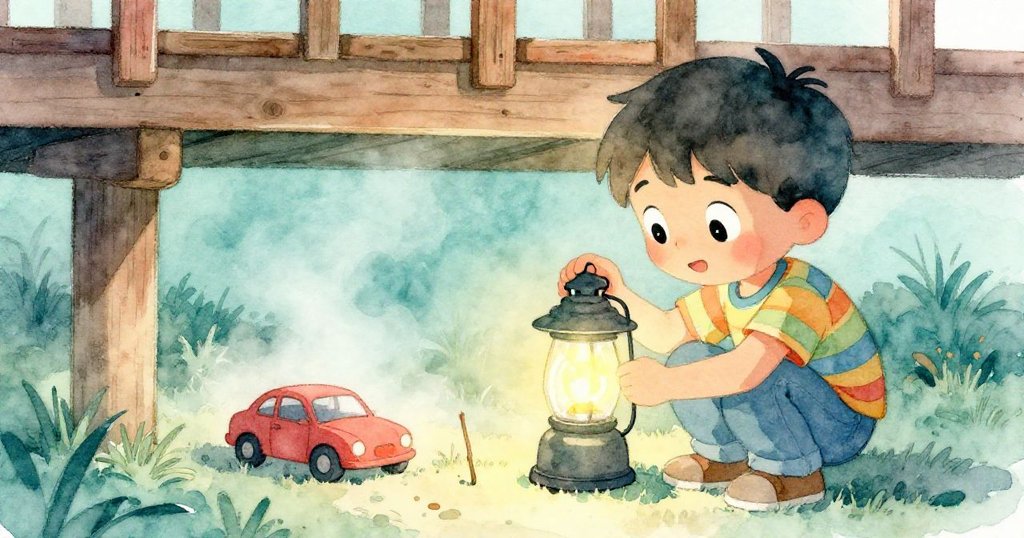 米洛用營燈和細棒仔細探查甲板縫隙，柔和光線中顯露出隱藏的小玩具車，神情堅定且好奇。