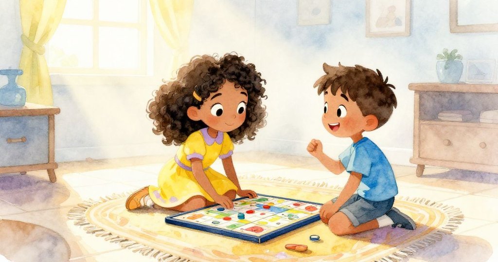 Lena坐在柔軟地毯上準備桌遊，Tom在旁邊蹲著觀看，房間充滿溫暖晨光，氛圍輕鬆愉快