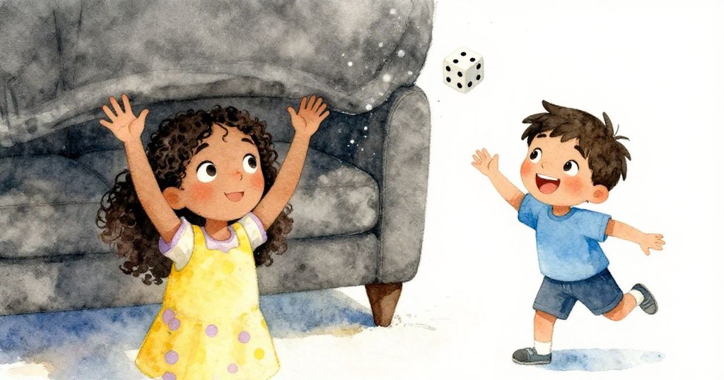 Lena與Tom伸手找尋缺失的骰子，輕觸沙塵，光線微弱營造出神秘而溫馨的室內角落