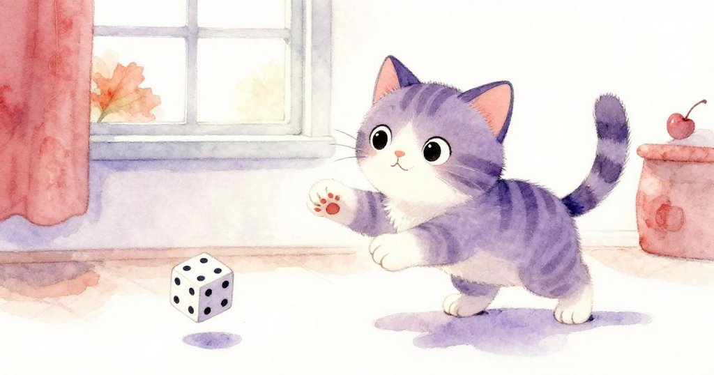 一隻好奇小貓闖入房間輕拂骰子，骰子滑過地板，窗外隱約可見秋季落葉，畫面充滿溫暖與驚喜