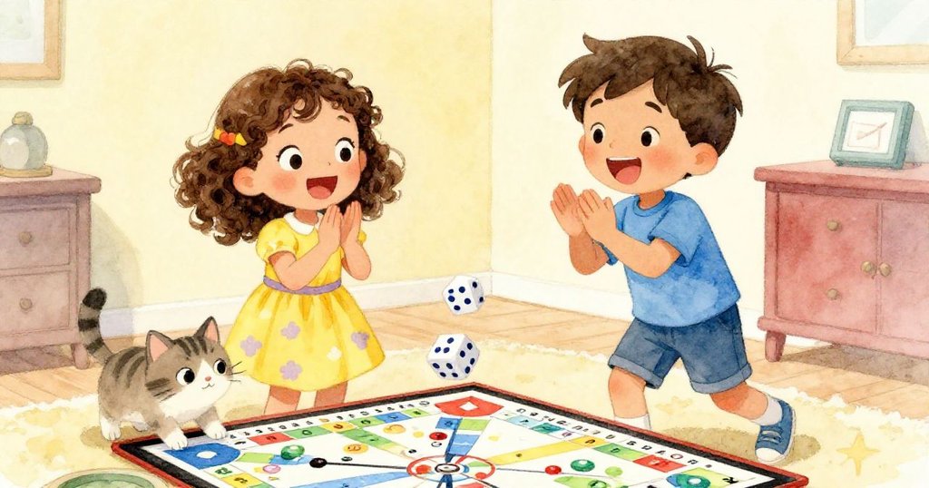 Tom歡呼拍手，Lena笑容滿面看著小貓玩骰子，室內佈局溫馨，桌遊已排好，洋溢著快樂慶祝氛圍