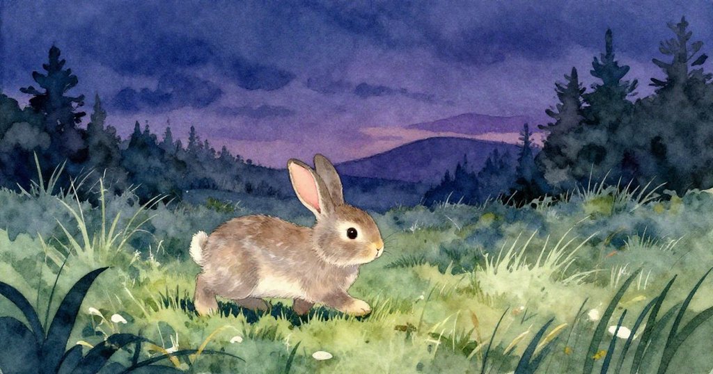 兔子在柔和光線的田野中悠然漫步，環境平靜，展現開始冒險的寧靜心情。