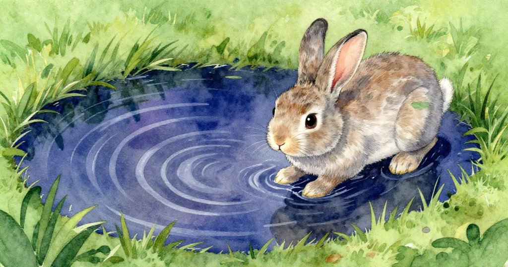 兔子靠近閃亮水面，探索水中細膩紋理，邊緣綠草映襯神秘冒險。