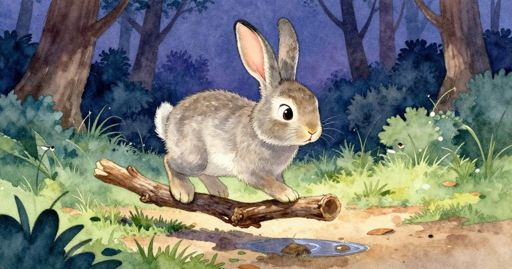 兔子小心踏上搖晃木棍，決心前進穿越水潭，神情認真又興奮。