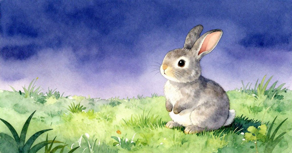 兔子成功越過水潭後靜坐在亮綠草地，臉上滿是平靜與滿足，結束了一段冒險旅程。