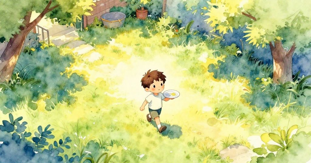 小男孩Leo在溫暖太陽照耀下走進綠意庭院，手持小盤子展現開始冒險的活力與喜悅，背景樹木分明。