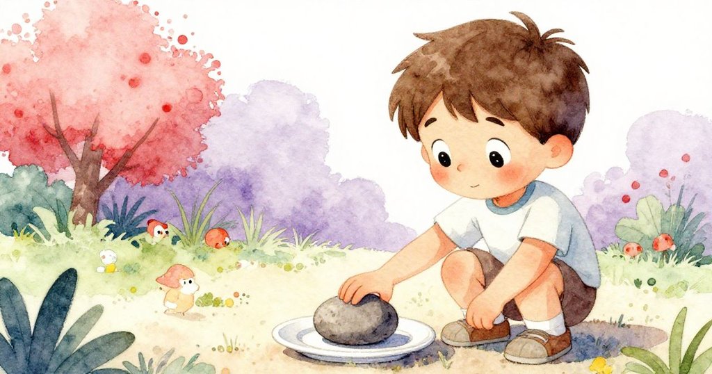 小男孩Leo細心地用扁石穩住小盤子，展現計劃中的堅定與用心，手部動作細膩，背景隱約有散落的種子。