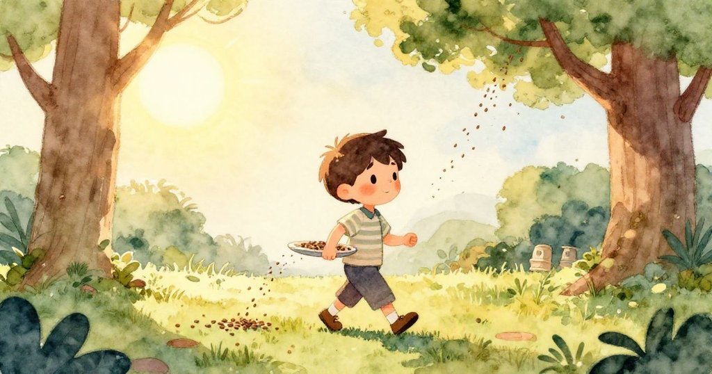 明亮小鳥以低角度視角停落，觀察滾動的種子和遠處忙碌的Leo，畫面充滿好奇與生動感。