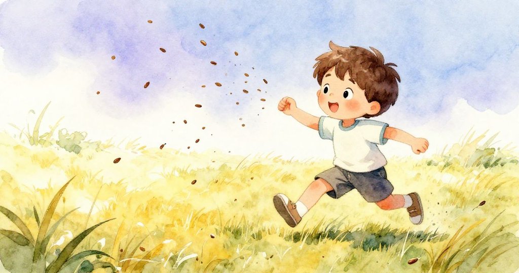 突然的微風吹起棕色小種子在短草上飛旋，Leo快步追逐收集，動感十足展現自然與活力交織的場景。