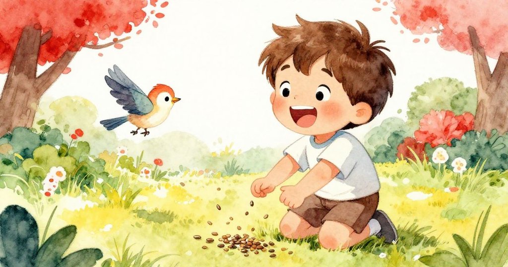 Leo邊大笑邊收集飛散的種子，一隻活潑小鳥在旁跳躍嬉戲，整個場景洋溢著歡樂與溫馨的自然氣息。