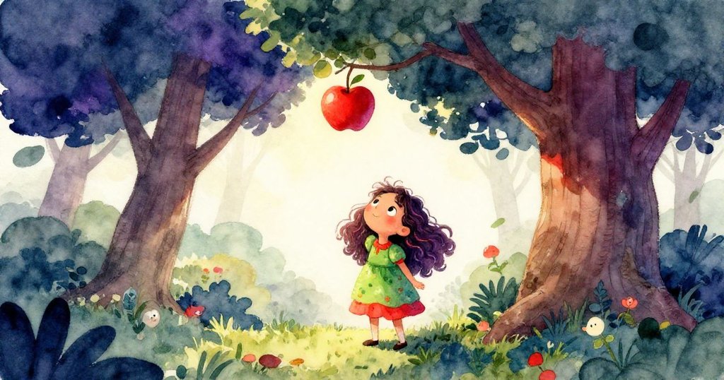 米拉站在陽光下的大樹底下,伸手向高掛的鮮紅蘋果攀求,臉上充滿好奇與冒險期待,場景開啟全新旅程。