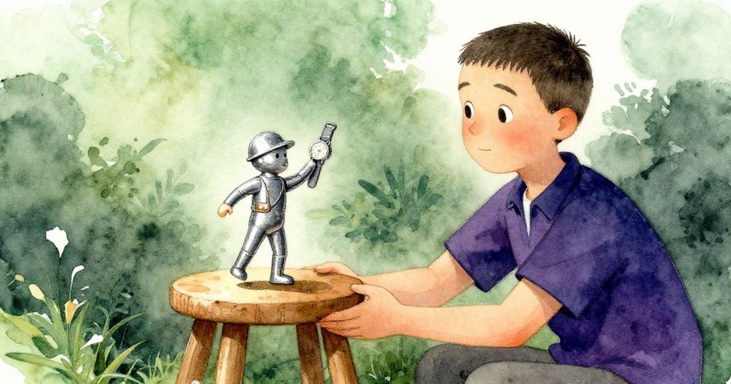 丹專注扶住傾斜的木凳,塑料獵人玩具正滑落,小錶在柔光中閃爍,呈現驚奇而細膩的瞬間。