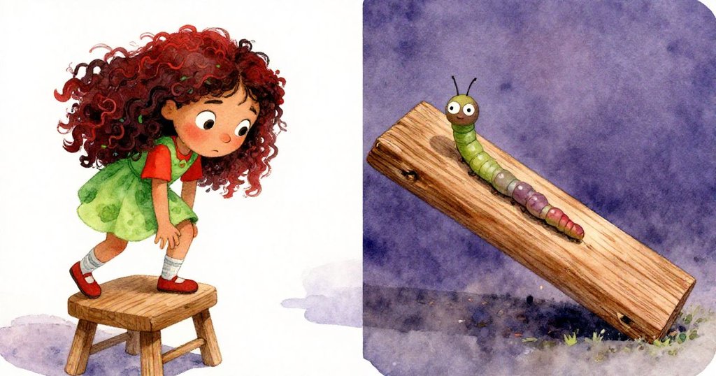 米拉迅速攀爬木凳,一旁小蟲順著傾斜木面滑落,分割畫面呈現同時發生的活躍與細微意外。