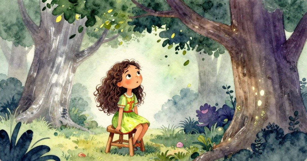 米拉在木凳上短暫停留,欣賞樹皮上柔和光影與搖曳樹葉,感受溫暖季節中的自然奇妙與寧靜。