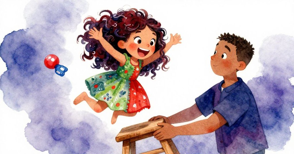 米拉快樂地從木凳上跳下笑聲朗朗,丹則點頭穩住木凳,塑料玩具輕彈添趣,展現溫暖歡慶的瞬間。