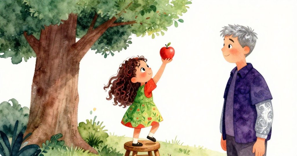 米拉再次穩步攀爬木凳,伸手捕捉鮮紅蘋果,丹與堅毅大樹伴隨,展望開闊新旅程與希望未來。