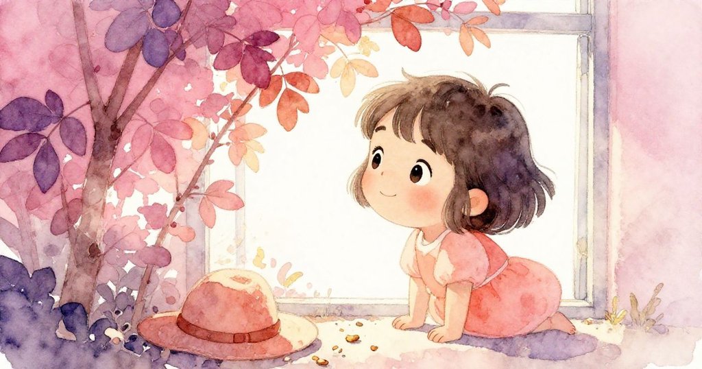 수진이 밝은 모자를 내려놓은 채 잎사귀 틈으로 세상을 엿보며 신비롭고 조용한 순간을 경험하고 있다.