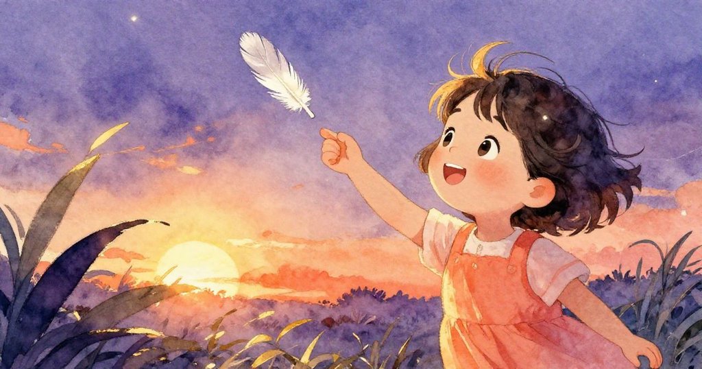 수진이 바람에 날리는 깃털과 흔들리는 잎들을 보며 감탄과 즐거움이 섞인 미소를 지으며 자연의 변화를 만끽하고 있다.