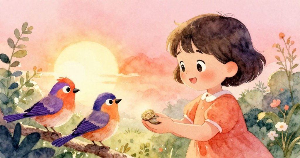 수진과 두 마리 새가 따뜻한 마음으로 동전을 나누며 서로에게 다가가는 순간을 기쁨과 우정 속에서 체험하는 해피 엔딩 장면이다.