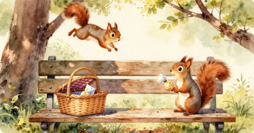 Nutty小松鼠在明亮的午後穿越森林樹枝，躍過木椅旁野餐籃，充滿期待與喜悅，展現寧靜開端。