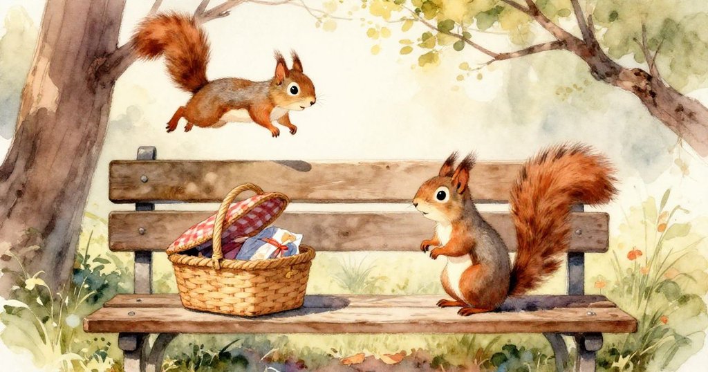 Nutty小松鼠專注用小爪子抓握皮革繩結，動作堅定準備取得藏在野餐籃中的甜蜜糖果，充滿決心和專注。