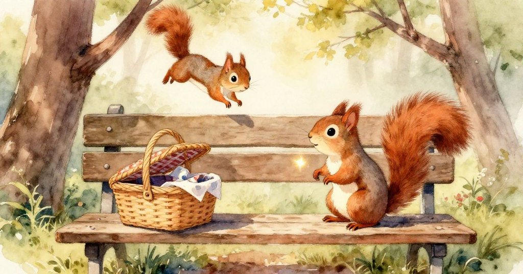 Nutty果斷衝入野餐籃抓取銀紙包裹糖果，眼神閃耀勝利，尾巴飄散餅屑展現達成高峰。