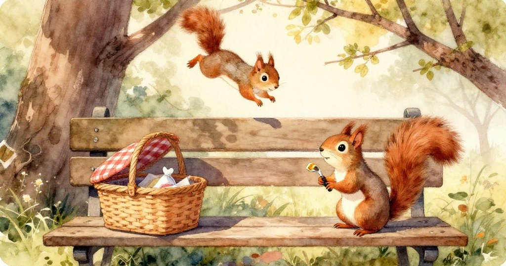 Nutty在落日餘暉映照下，以飛快動作攀上高枝，遠離混亂糖果場景，進入寧靜森林彰顯勝利喜悅。