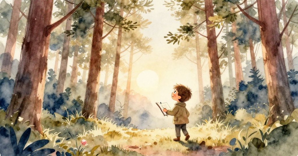 在晨曦中,Milo帶著畫冊穿越高松林,滿懷好奇和期待,展開冒險旅程,畫面充滿溫暖光線與自然美景。