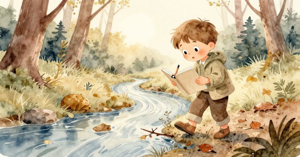 Milo在森林溪邊小心翼翼地翻動地上的落葉與樹枝,腳步輕盈,流露出對大自然奧秘的探索熱情。