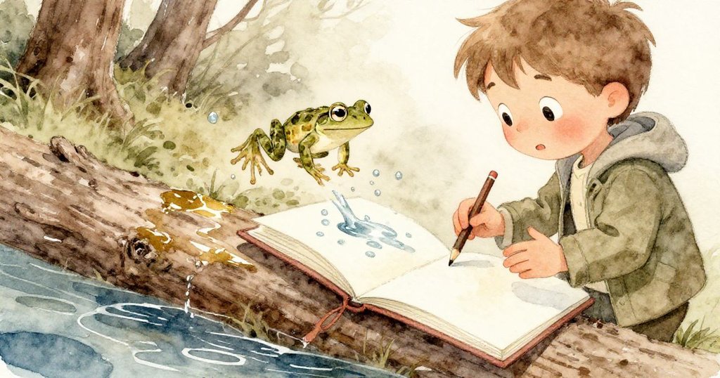 Milo用雙手撥開橫跨溪流的濕木,一隻青蛙跳出濺水落在畫冊上,水花在紙上留下奇妙印記,畫面生動。